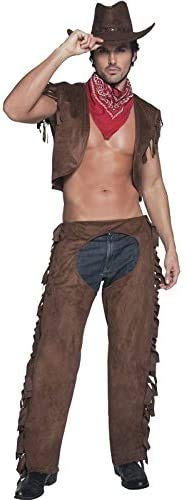 Man wearing a brown cowboy costume with waistcoat, chaps, and scarf.
