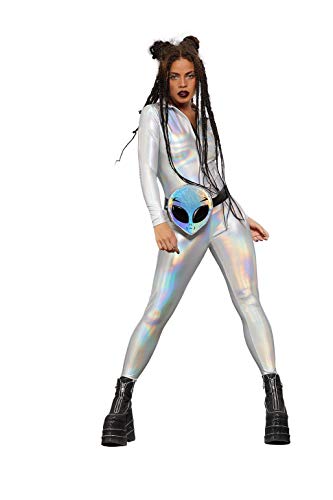 Woman in a silver, full-body holographic catsuit with an alien accessory.