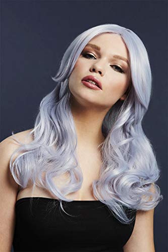 Woman wearing a long, wavy, light purple/silver wig.