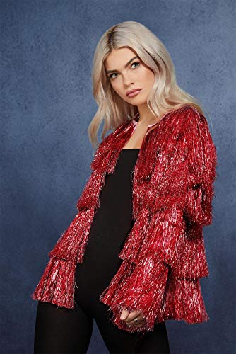 Woman wearing a red, layered tinsel festival jacket.