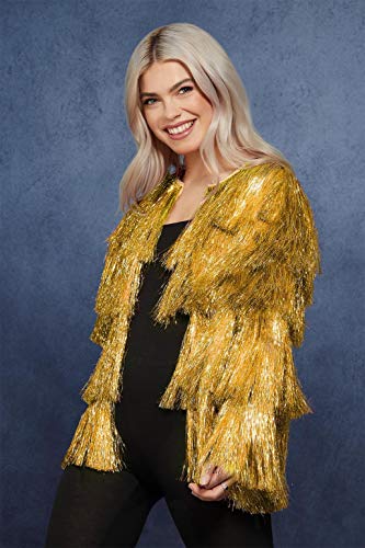 Woman wearing a gold, fringed tinsel jacket against a blue background.
