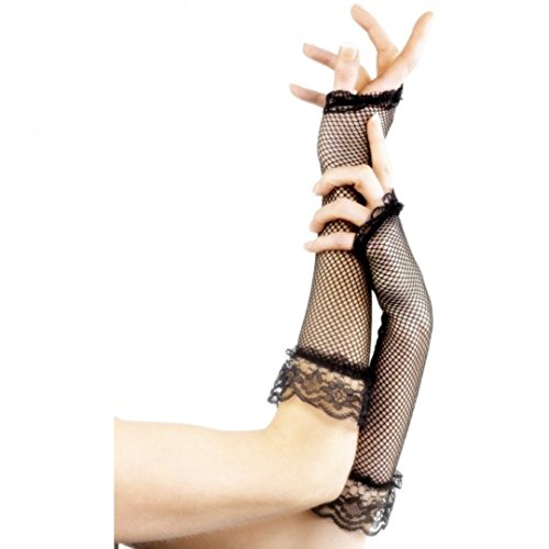 Black fishnet gloves with lace trim on a model's hands against a white background.