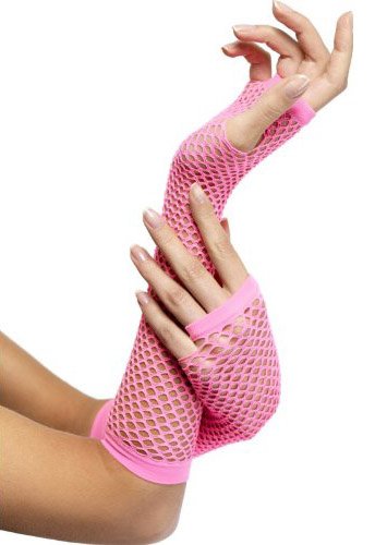 "Hands wearing hot pink fishnet gloves, fingers curled and overlapping against a white background."