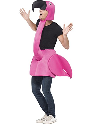 A person wearing a pink flamingo costume with a headpiece and tail.