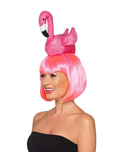 Pink flamingo headband and matching bob wig worn by a model.