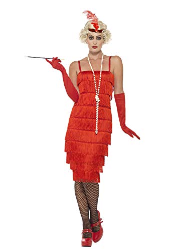 Woman wearing a red flapper costume, gloves, hat, and holding a cigarette holder.