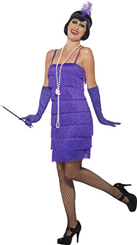 A woman in a purple flapper costume, holding a cigarette holder, against a white background.