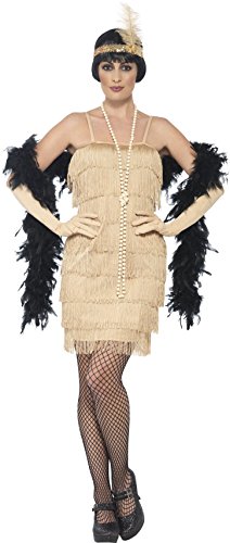"Woman wearing a gold flapper dress, black feather boa, and fishnet stockings."