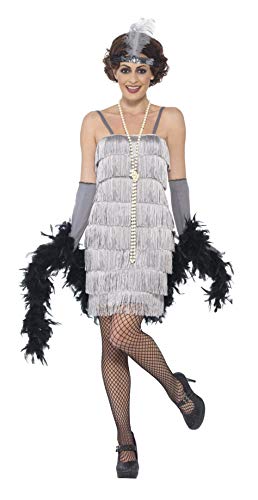 Silver flapper costume with fringe, headband, and feather boa.