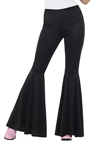 Black flared trousers shown on a model, extending to a wide leg.