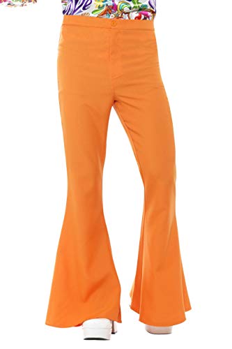 Orange flared trousers with a high waist, shown on a model.
