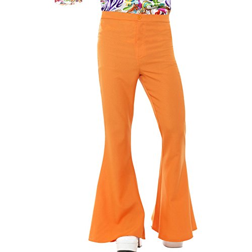 A person wearing bright orange flared trousers against a white background.