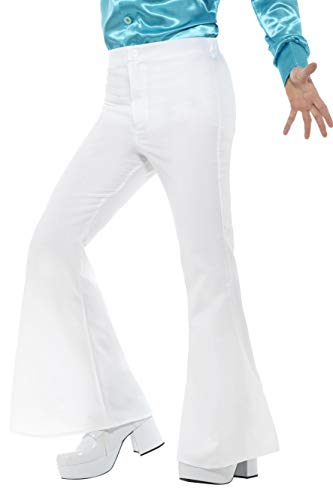 Person wearing white flared trousers and white platform shoes with a blue satin shirt.