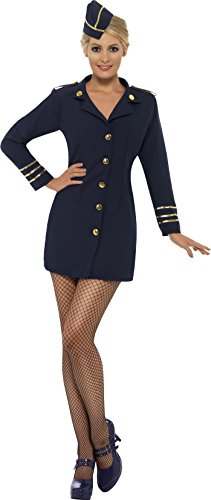 Woman wearing a navy blue flight attendant costume with gold trim.