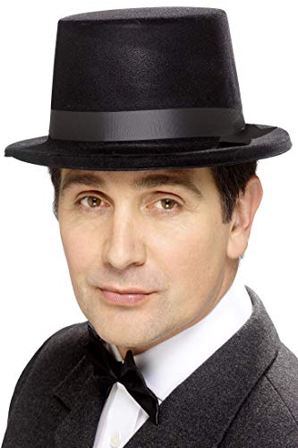 Black flocked top hat with ribbon, worn by a man in formalwear.