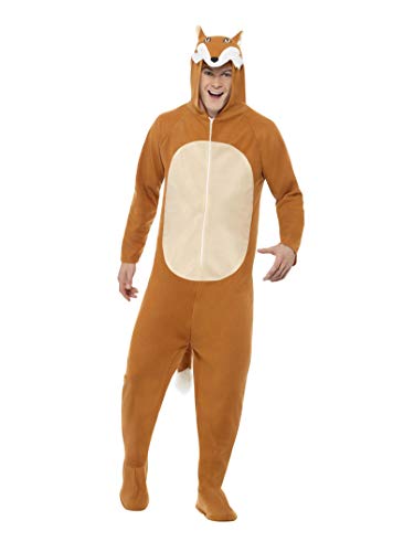 A man wearing a brown fox onesie costume with a hood and white belly panel.