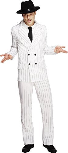Man wearing a white pinstripe gangster suit with a black hat and tie.