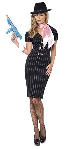 Woman wearing a black pinstripe dress, fedora, pink scarf, and fishnet stockings holding toy gun.