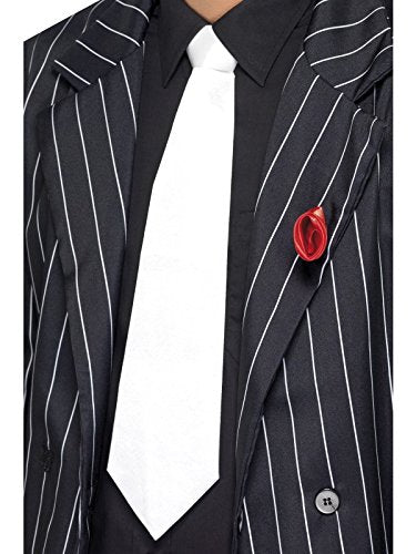 A white elastic gangster tie worn with a black shirt and pinstriped jacket.
