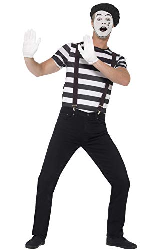 Man in black and white striped mime artist costume with white gloves.