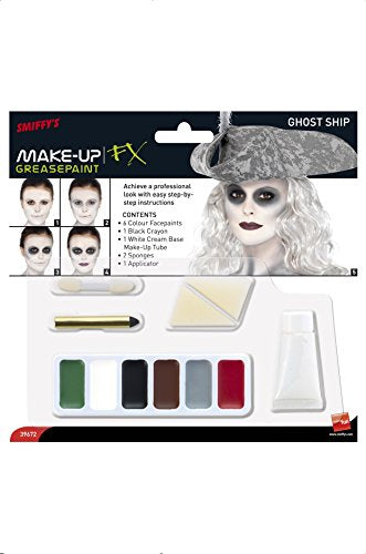 "Makeup kit packaging with various colors and tools, featuring a ghostly face design."