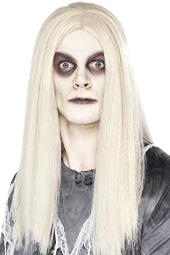 Long, grey wig on a person with pale skin and dark eye makeup.