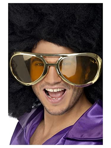 A person wearing large gold-rimmed sunglasses with tinted lenses and a black afro wig.