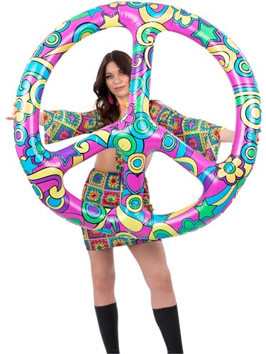 Large pink inflatable peace symbol held by a woman in retro clothing.