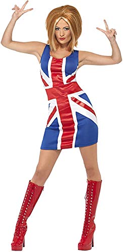 Woman in a short red, white, and blue Union Jack dress and boots.