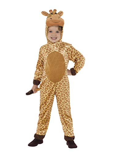 Child in a full-body giraffe costume with a hooded headpiece.