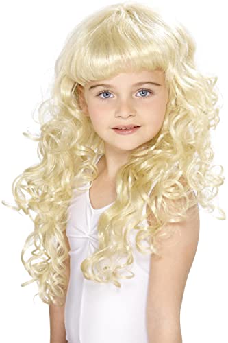 Young girl wearing a long, curly blonde princess wig.