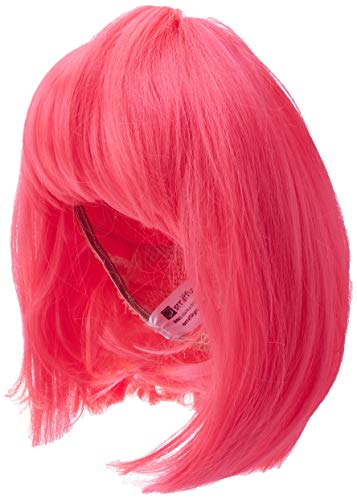 Bright neon pink bob wig on a plastic head display.
