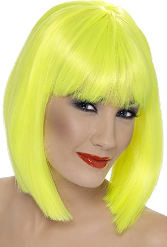Bright neon yellow bob wig worn on a person’s head.