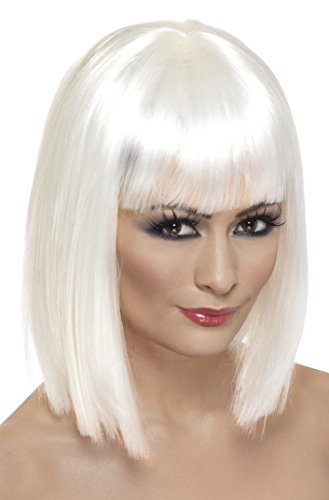 Model wearing a shoulder-length, straight, white wig with blunt bangs.