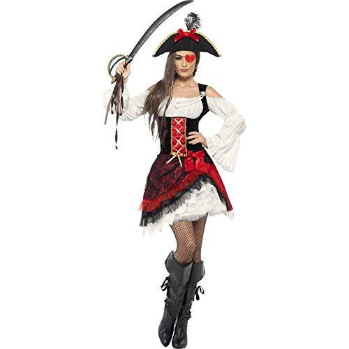 Woman in a red and white pirate costume holding a sword.