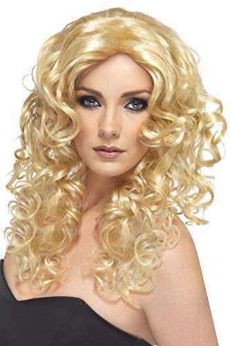 Long, blonde curly wig worn by a woman with fair skin.
