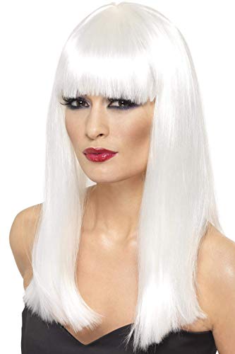 Long, straight white wig with blunt bangs worn by a person.