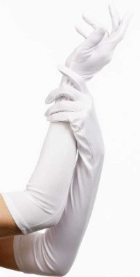 Long white gloves, reaching to the elbow, shown on a hand.