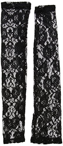 "Black, full-length, lace fingerless gloves displayed against a white background, shown from the front."