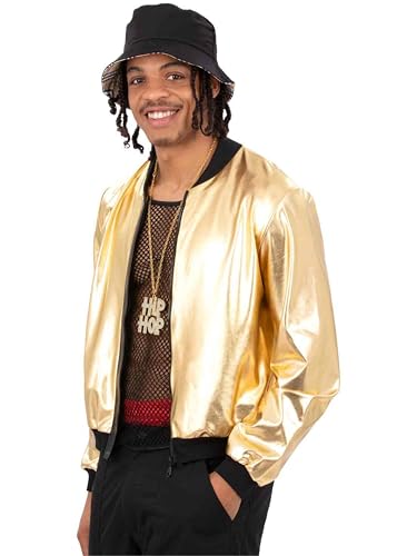 Man wearing a shiny gold 90s-style bomber jacket and bucket hat.