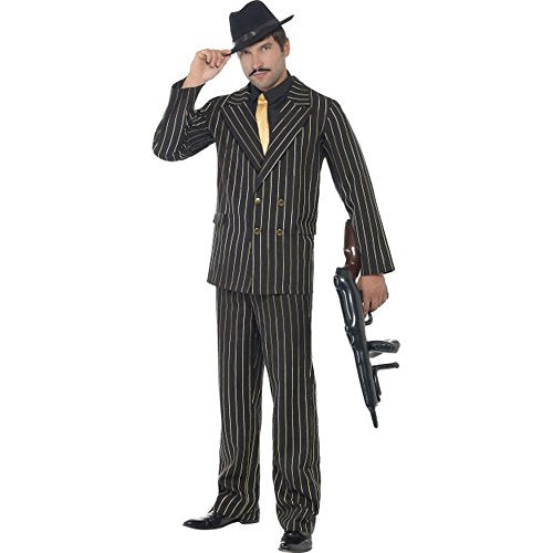 Man in a black pinstripe suit and fedora, holding a toy gun.