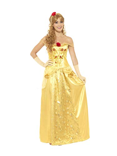 Woman wearing a long, golden princess costume with red roses.