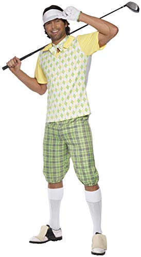 Man in a retro golfing costume with argyle and plaid patterns.