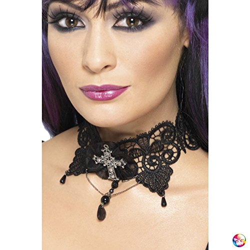 Black lace choker featuring a central cross, fabric bow, and dangling beads and charms.
