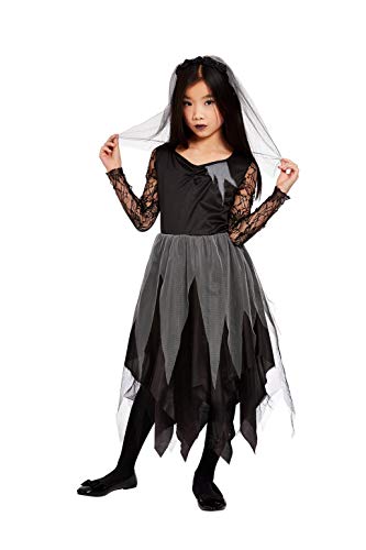 Young girl in a black and grey tattered Halloween costume.