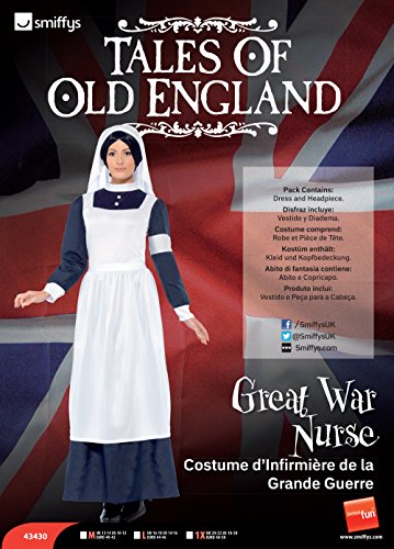 A woman wearing a Great War nurse costume with a white apron and headpiece.