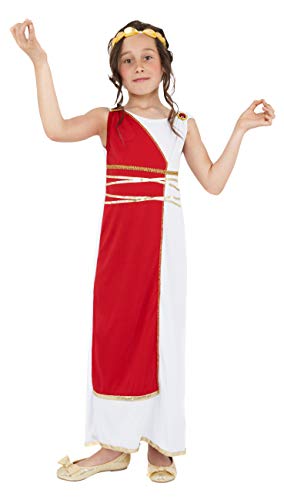 Young girl wearing a long white and red Grecian style costume.