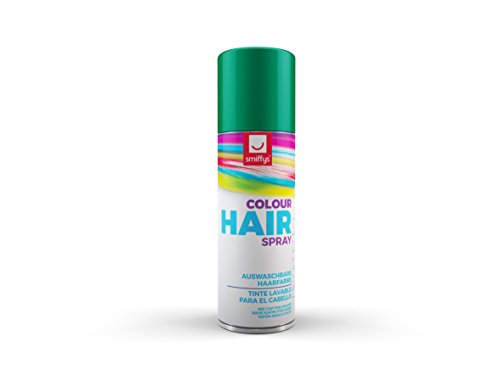 Green aerosol can of Smiffys hair colour spray against white background.