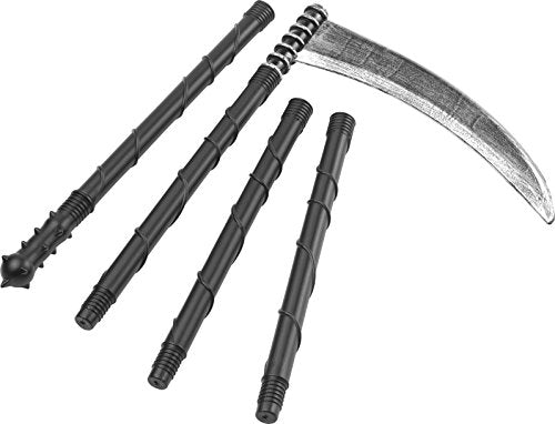 "Black plastic pole pieces and a silver metal scythe blade on a white background."