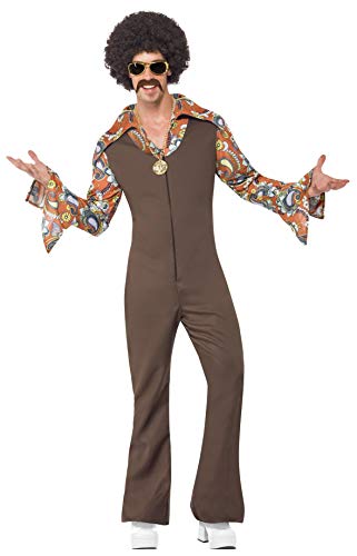 Man in a 1970s-style brown and orange patterned jumpsuit costume.